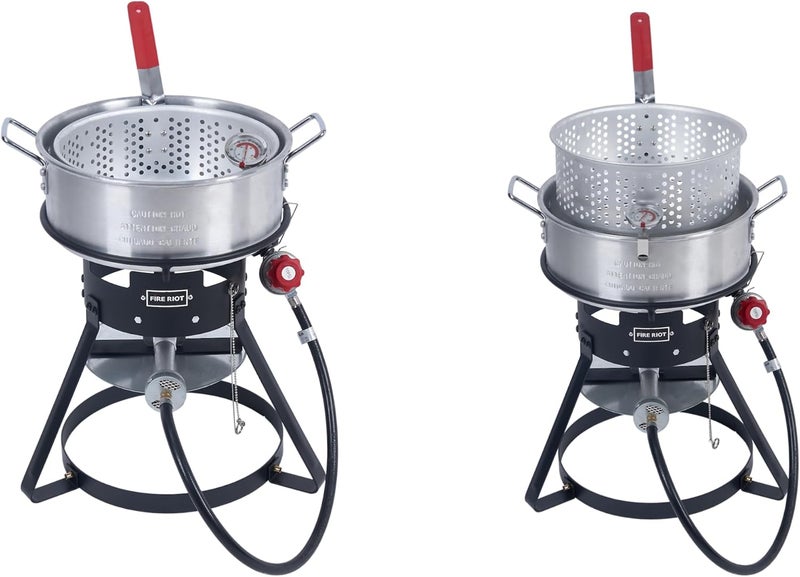 FIRE RIOT طقم قلاية سمك خارجية 10QT – وعاء ألمنيوم ثقيل، سلة 6.7QT، قلاية عميقة تعمل بالغاز مع منظم ضغط 0-10 PSI وإطار فولاذي – مثالية للمأكولات البحرية والمزيد - Image 2